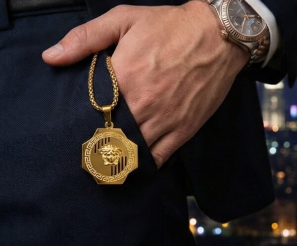 The Golden Medusa & Greca Hexagon Statement Pendant